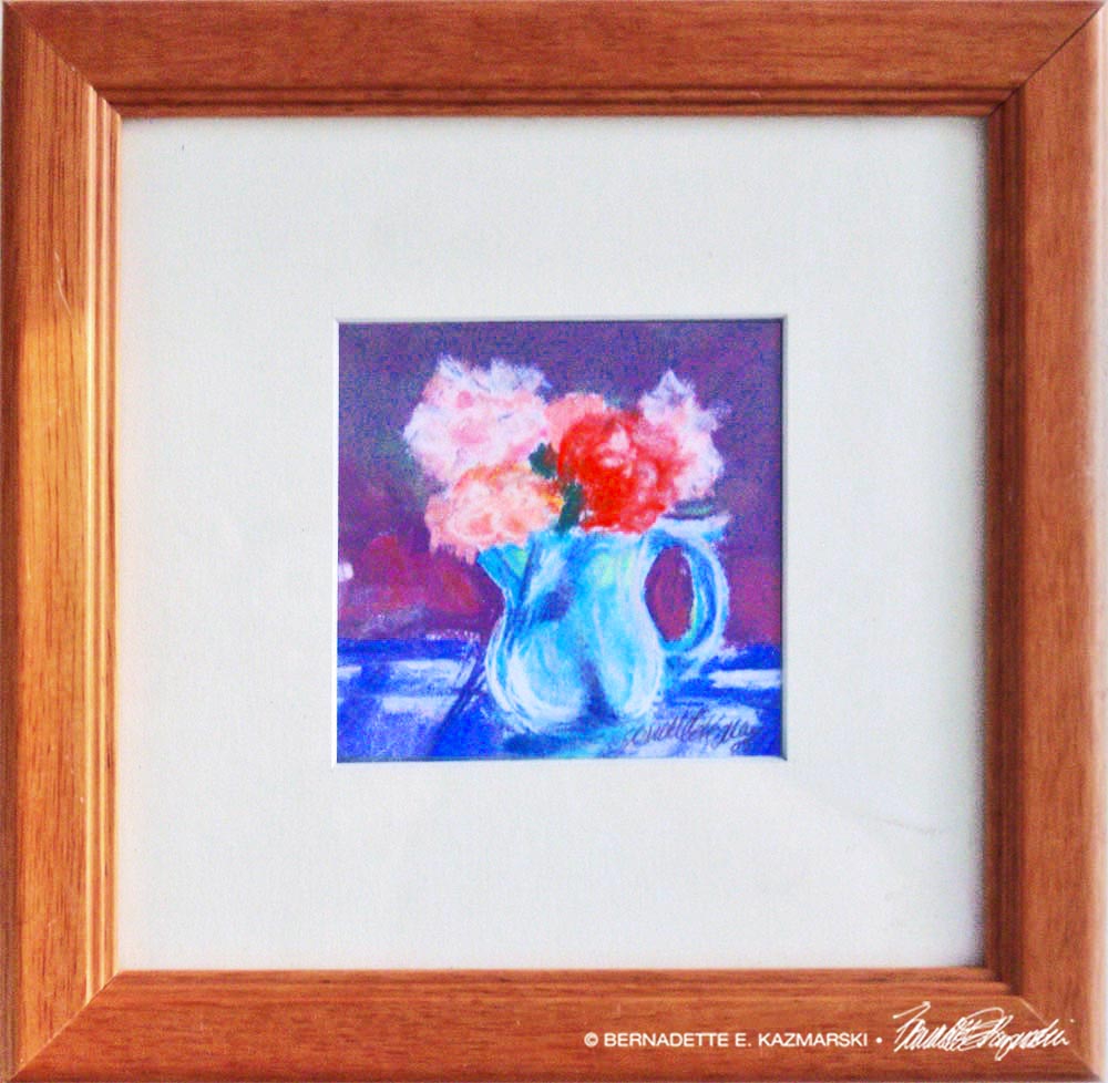 Framed January Geraniums 2, soft pastel, 4" x 4" © Bernadette E. Kazmarski`