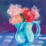 pastel sketch of geraniums in blue vase
