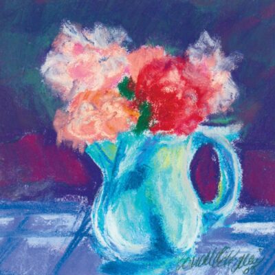 pastel sketch of geraniums in blue vase
