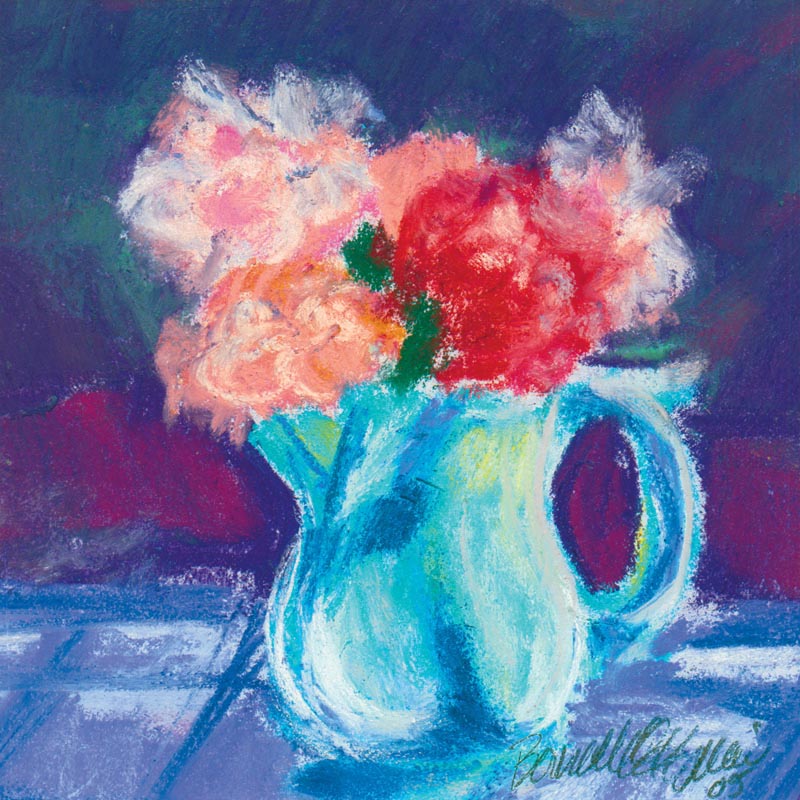 pastel sketch of geraniums in blue vase