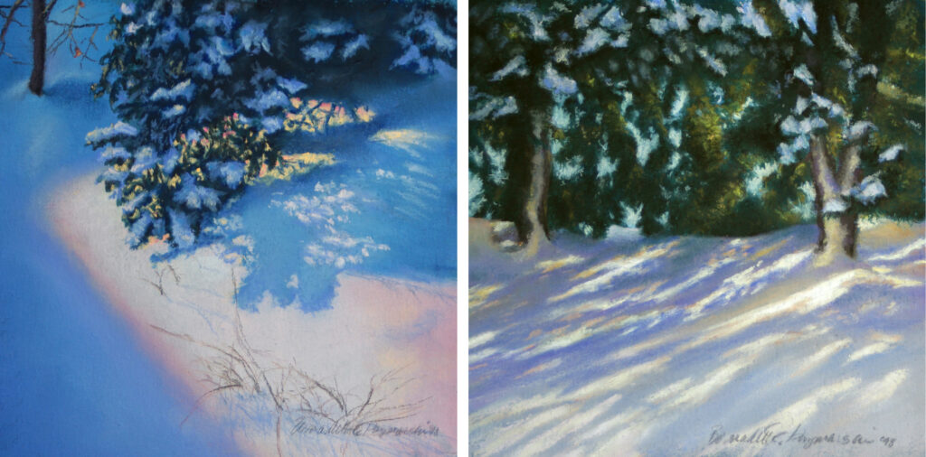 Morning Snow 1 and 2, each 8" x 8", pastel, 1998 © Bernadette E. Kazmarski