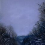 pastel painting of moonlight on bare trees and snowy trail