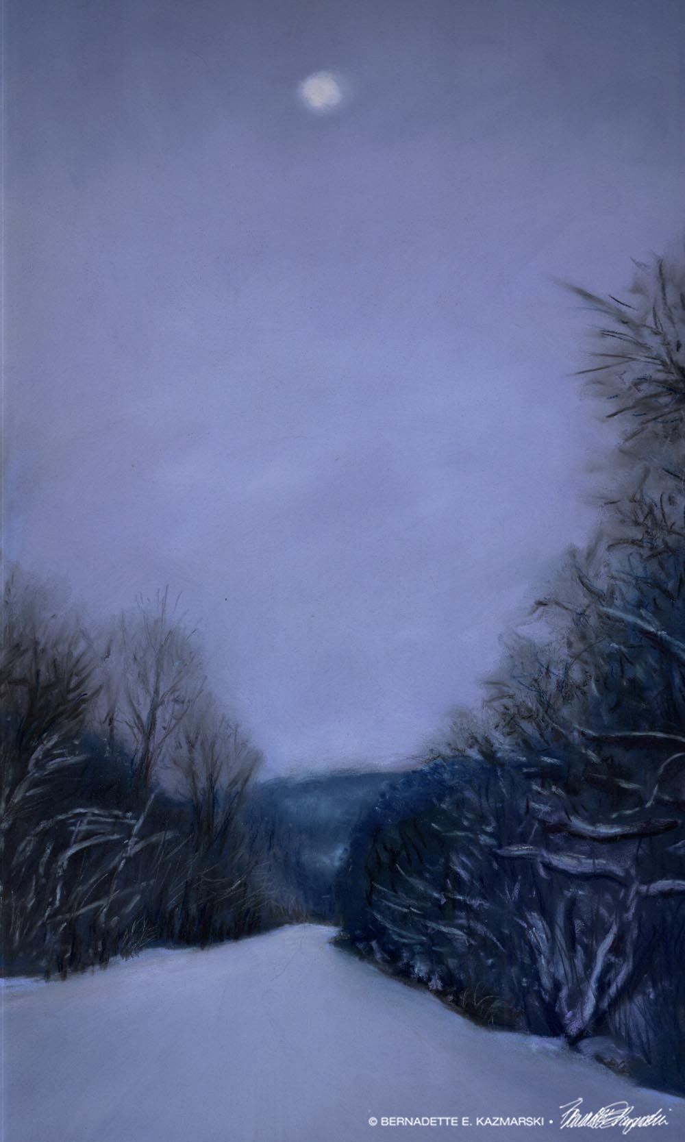 pastel painting of moonlight on bare trees and snowy trail