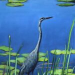 pastel wildlife painting great blue heron pond lily pads marsh