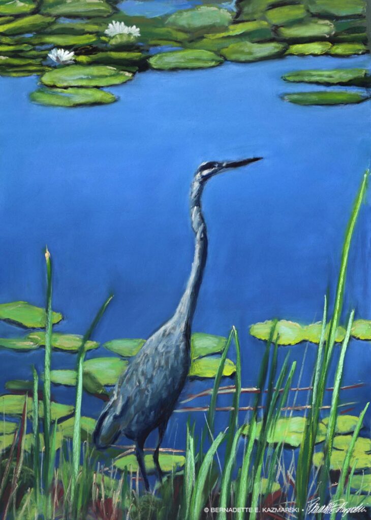 pastel wildlife painting great blue heron pond lily pads marsh