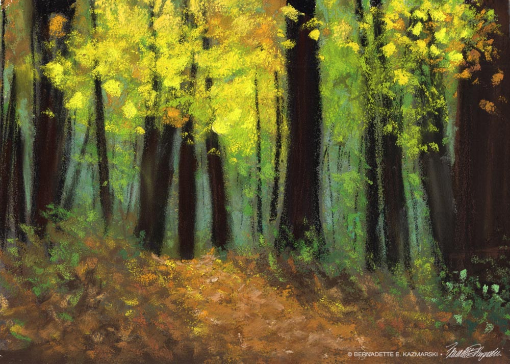 pastel of autumn scene in woods