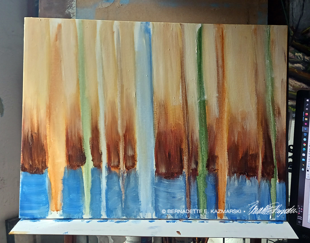 abstract acrylic painting of trees in woods