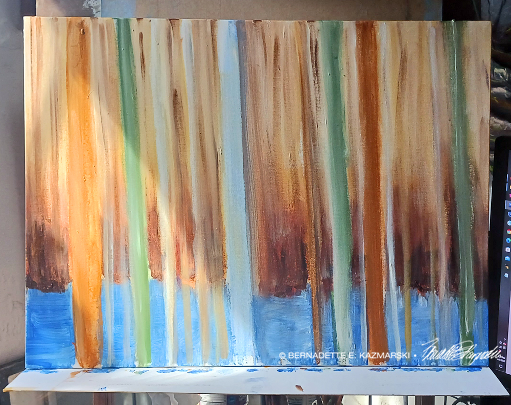 abstract acrylic painting of trees in woods