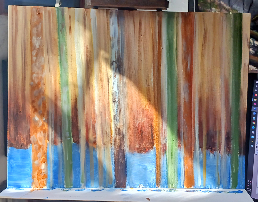 abstract acrylic painting of trees in woods