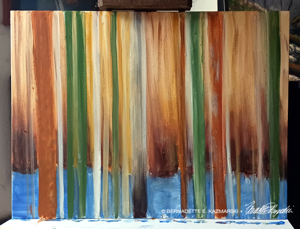 abstract acrylic painting of trees in woods
