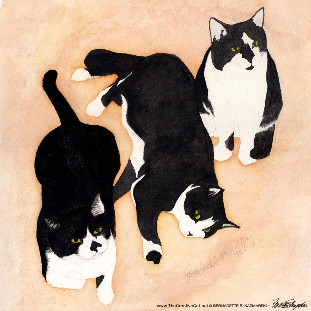 Three Black and White Cats, watercolor, 12 x 12 © Bernadette E. Kazmarski