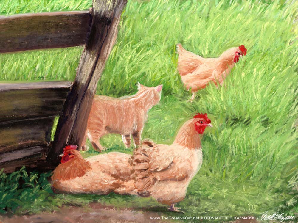 painting of cat and chickens