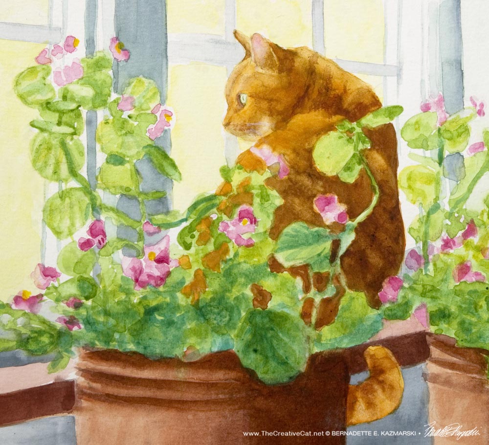 watercolor of orange cat with begonias at window