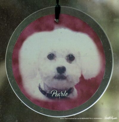 beveled suncatcher with white dog