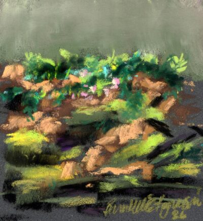 Spring on the Rocks, pastel on Pastelmat, 5x5, 2026 © Bernadette E. Kazmarski
